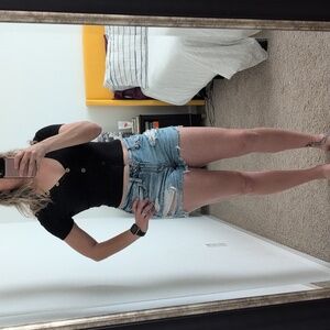 TIMING Ribbed Button-Up Crop Top V-Neck Womens Small Black